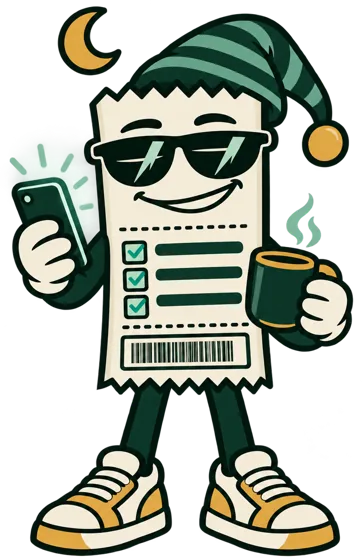 Degen in a nightcap holding a phone and coffee