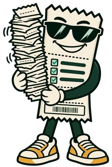 Degen carrying a tall stack of receipts