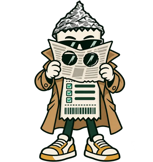 Degen in a trench coat and tinfoil hat reading a newspaper